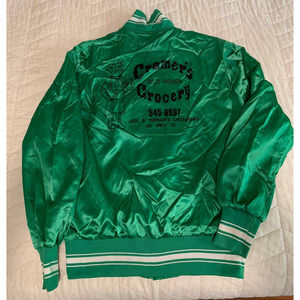 Vintage 1980s Cramer's Grocery Green Satin Snap Button Bomber Jacket Size S
